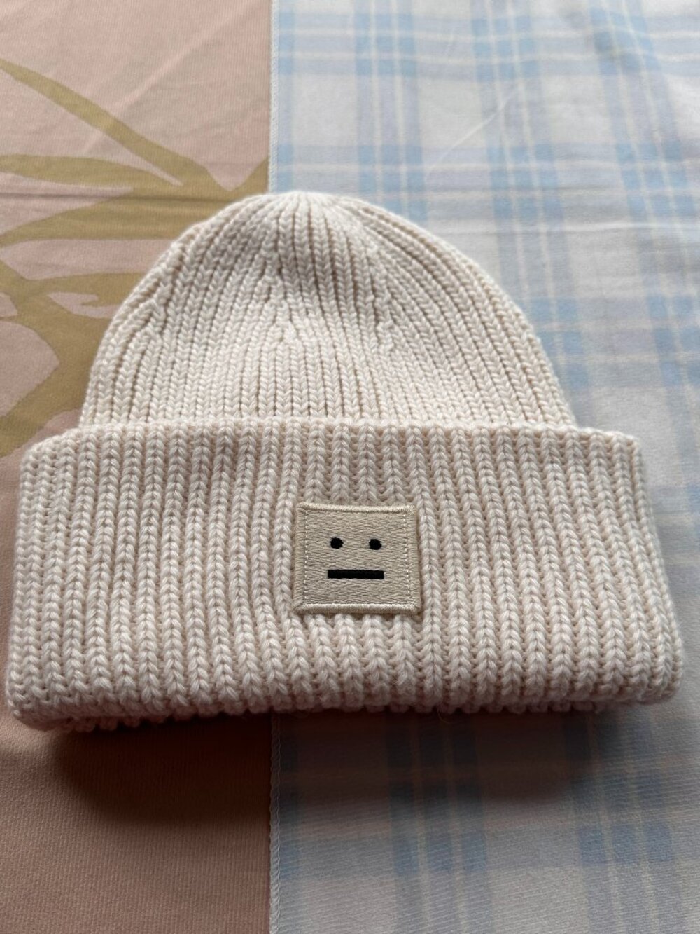 Acne Studios Pansy Collection Smiley Face Knit Beanie (White)